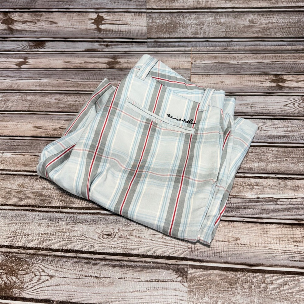 Travis Mathew Golf Shorts Mens 32 Gray Red Plaid Stretch Performance